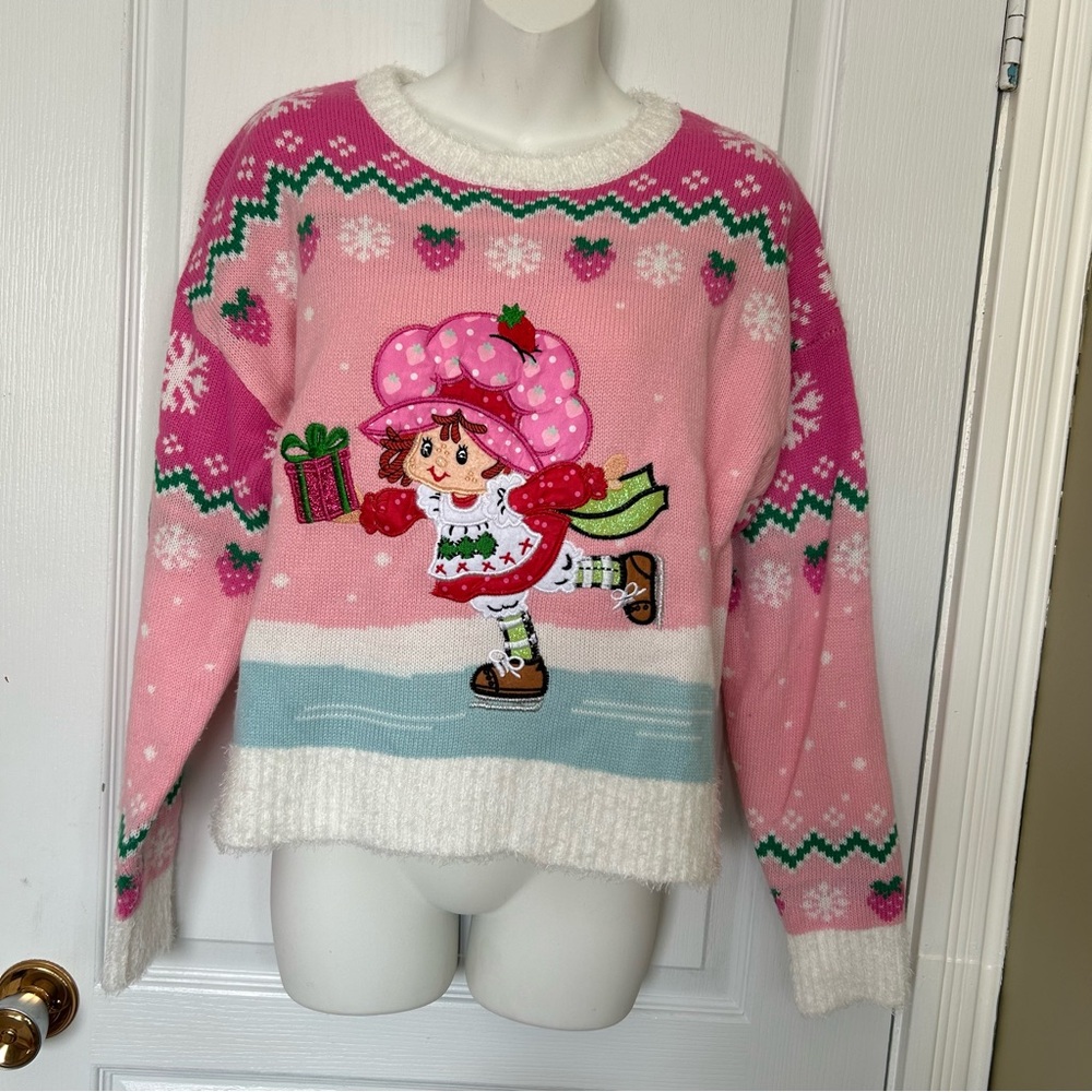 Pink Strawberry Shortcake Holiday Knit Sweater Women M